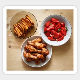 Grilled chicken drumsticks with tomato and prickle salad and sweet potato chips Sticker